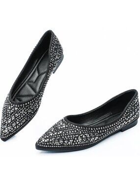 🆕Women's Wedding Flats Comfortable Slip On Black Pointed Toe Rhinestone Shoes